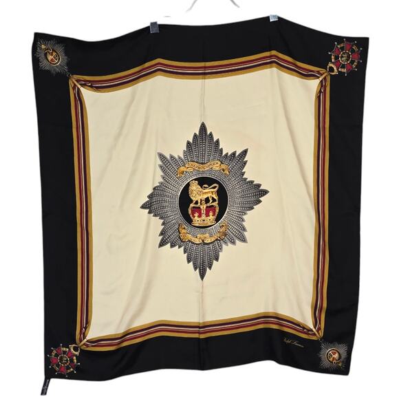 Ralph Lauren VTG Silk Scarf Regal Crown Lion Crest Black Gold Cream 34” Square - Picture 1 of 12